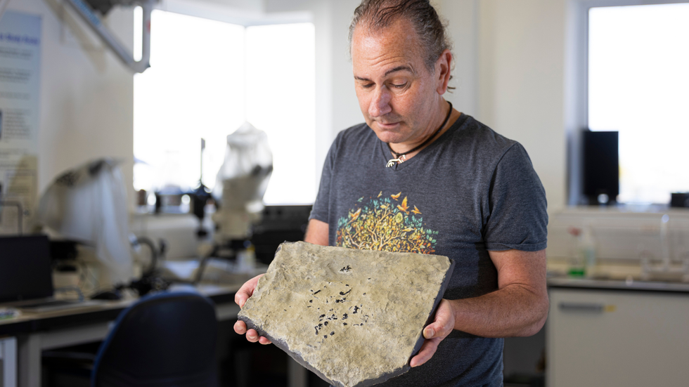 Dr Stig Walsh with a cast of a Breugnathair elgolensis fossil