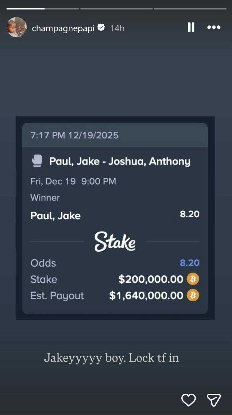 Drake took to social media to show his outrageous bet on Jake Paul