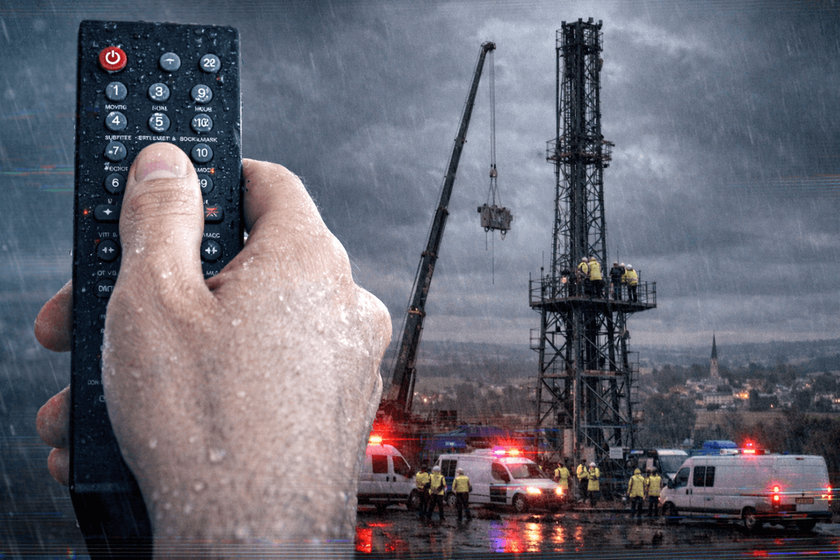 dramatic image of a hand holding a remote control while construction crews dismantle a transmitter tower in the background