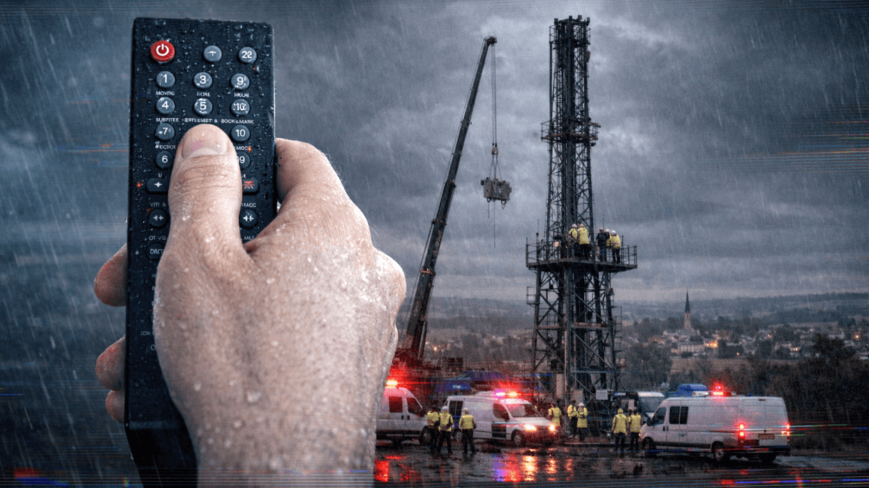 dramatic image of a hand holding a remote control while construction crews dismantle a transmitter tower in the background