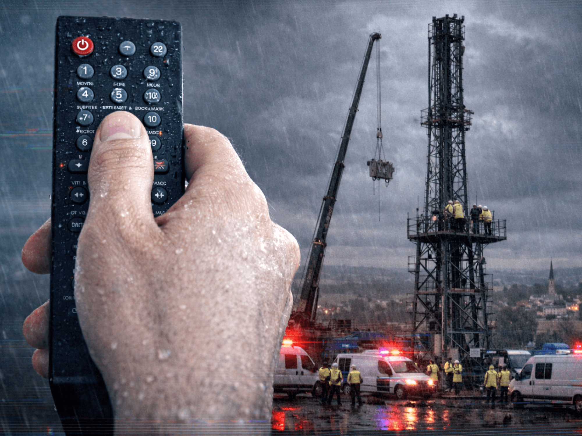 dramatic image of a hand holding a remote control while construction crews dismantle a transmitter tower in the background