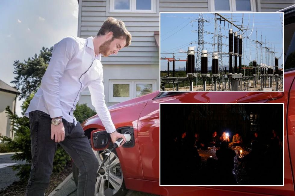 Driver charging his electric car, a power station in Spain and a blackout in Madrid