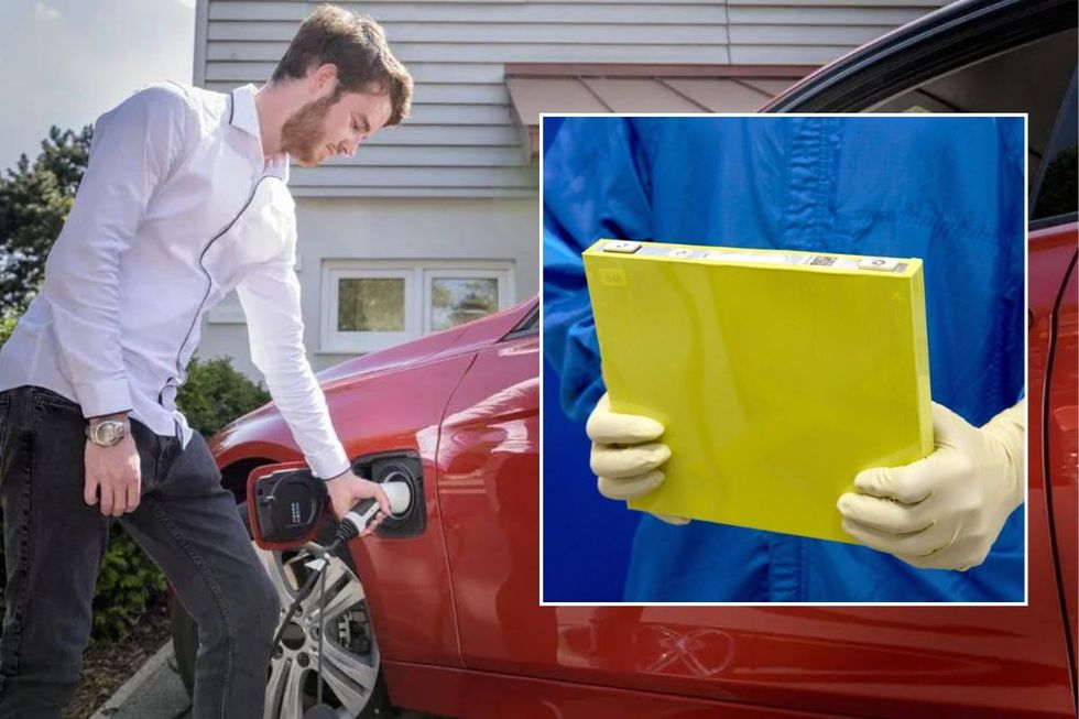 Driver charging his electric car and a GM worker holding a full-size prototype LMR battery cell