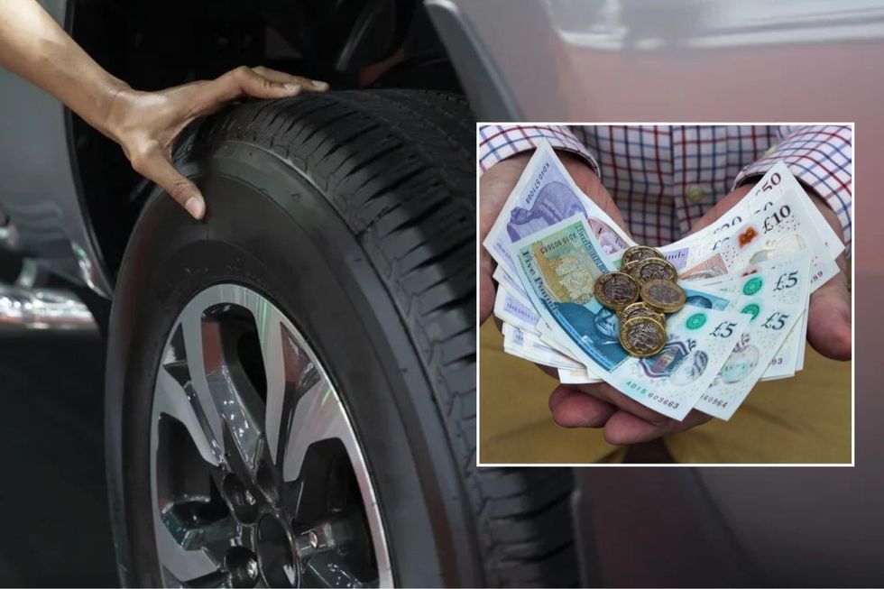 Driver checking a tyre and a man holding UK cash