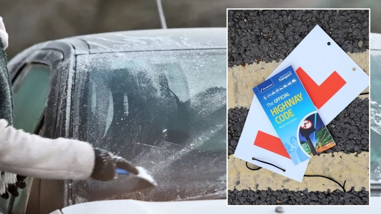 Driver clearing windscreen frost and a copy of the Highway Code
