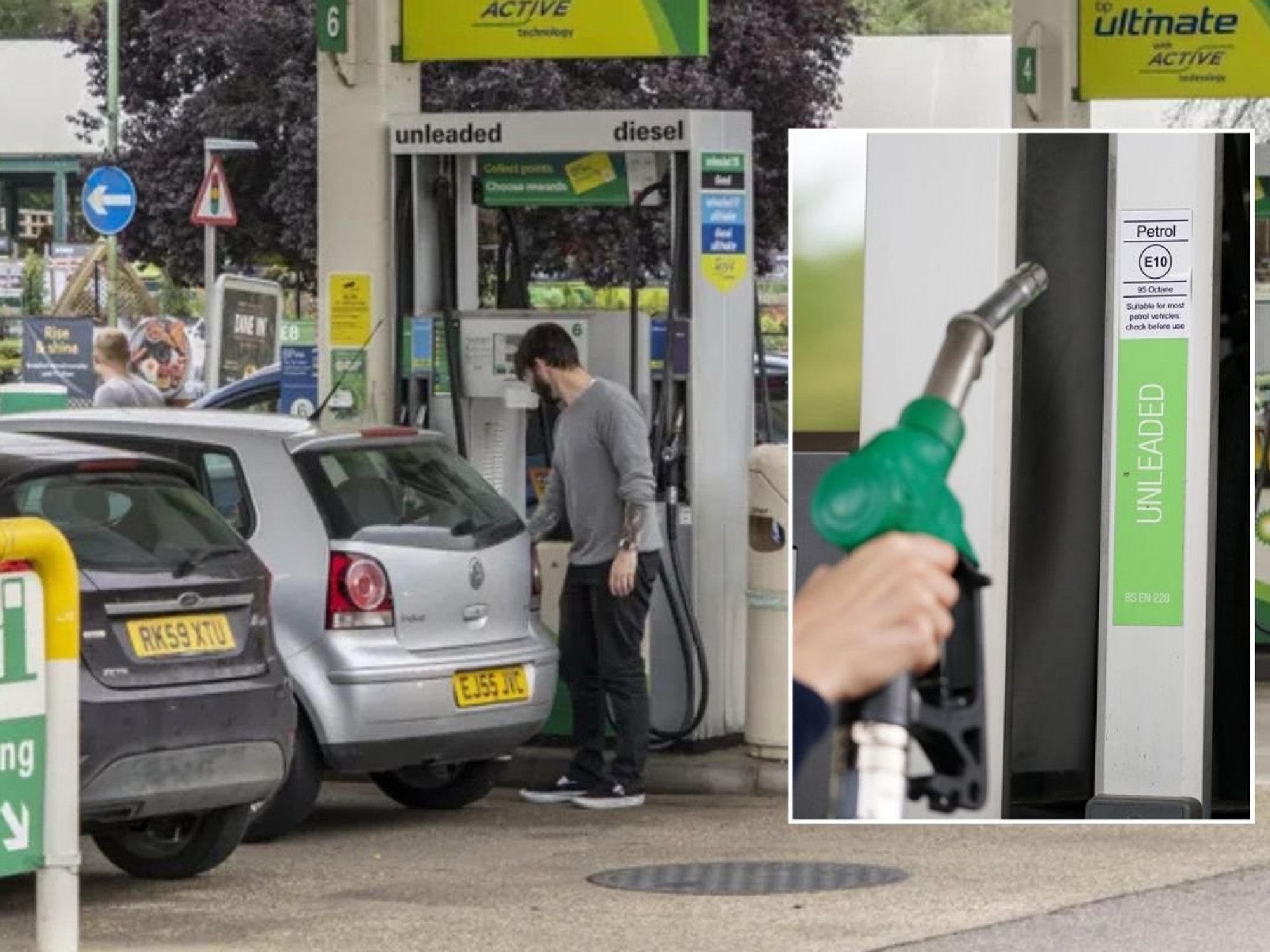 Driver filling up a petrol station and a fuel pump