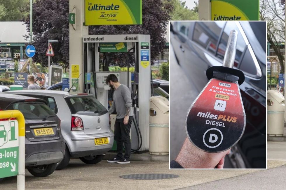 Driver filling up at a petrol station and a diesel pump