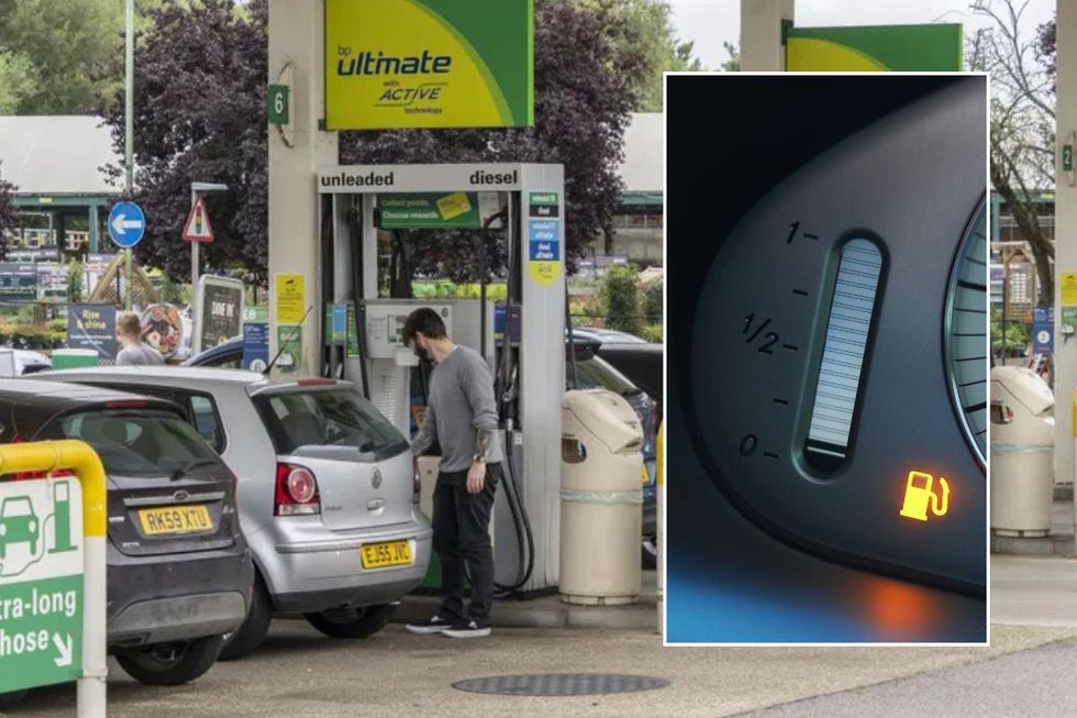 Driver filling up petrol and a fuel gauge