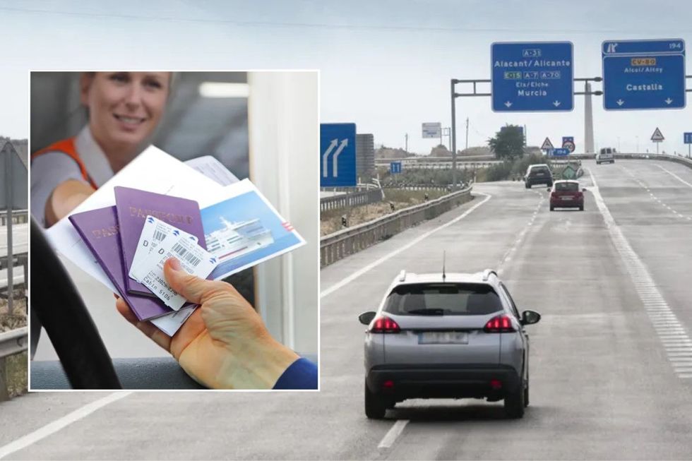 Driver handing over documents and a car driving in Spain
