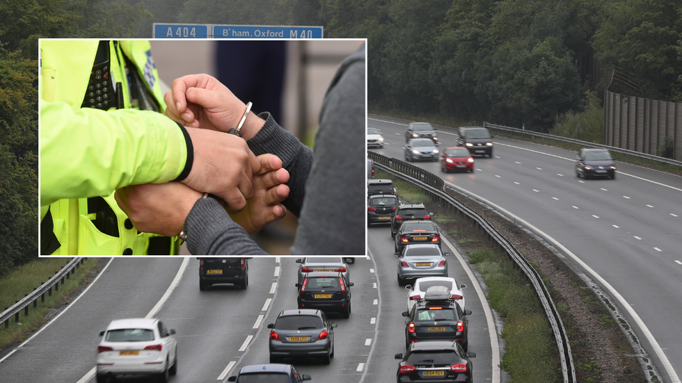 driver in handcuffs and UK road