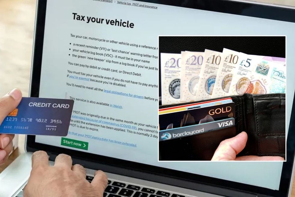 Driver paying vehicle tax and an open wallet with cash in it