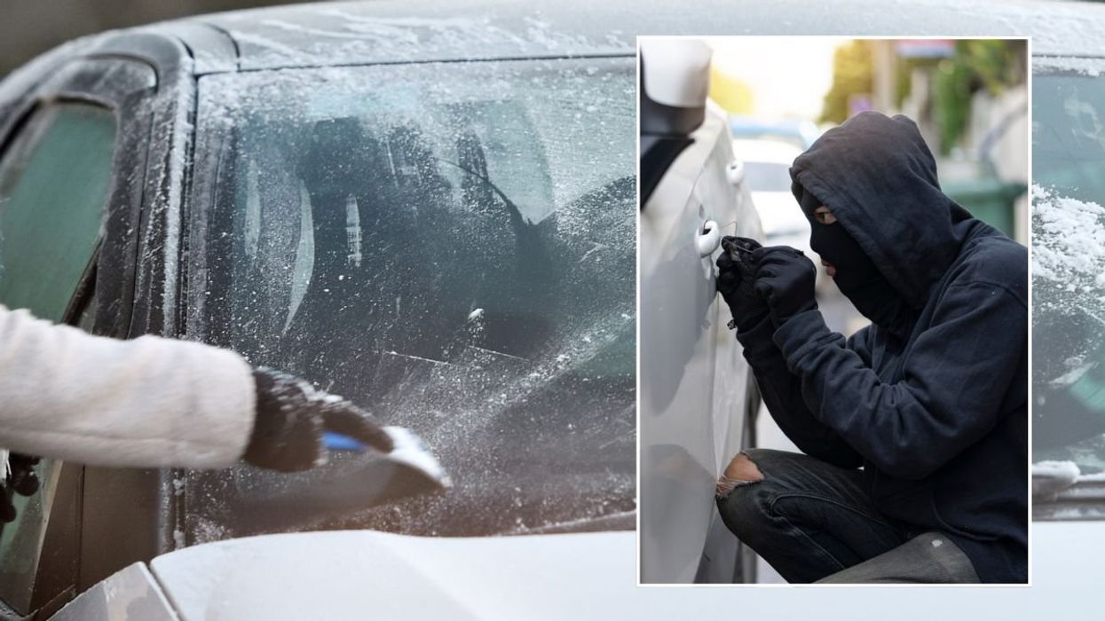 Driver scraping frost from car windscreen and a man trying to steal a car