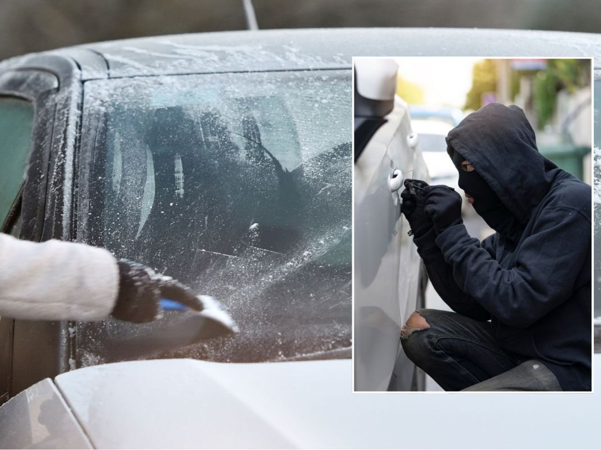 Driver scraping frost from car windscreen and a man trying to steal a car