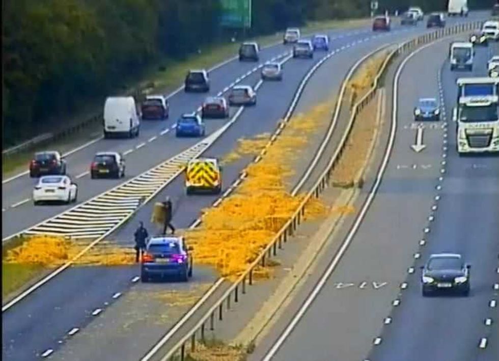 Drivers along the A14 are dealing with delays as hay bales cover the road \u200b