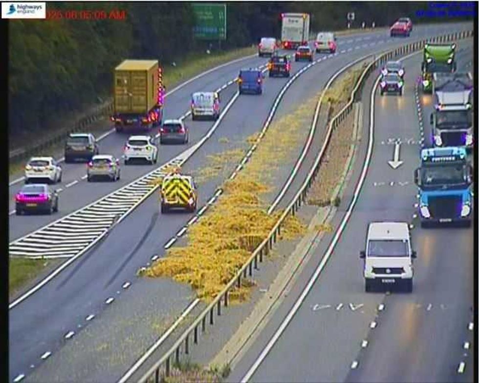 Drivers along the A14 are dealing with delays as hay bales cover the road \u200b