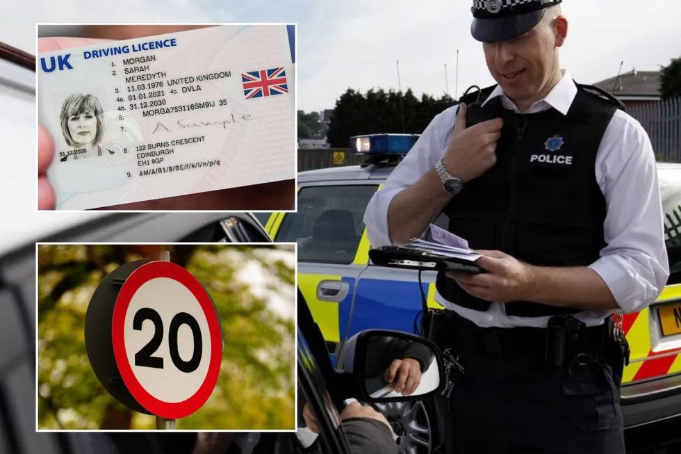 Driving licence, 20mph speed limit sign and a police officer