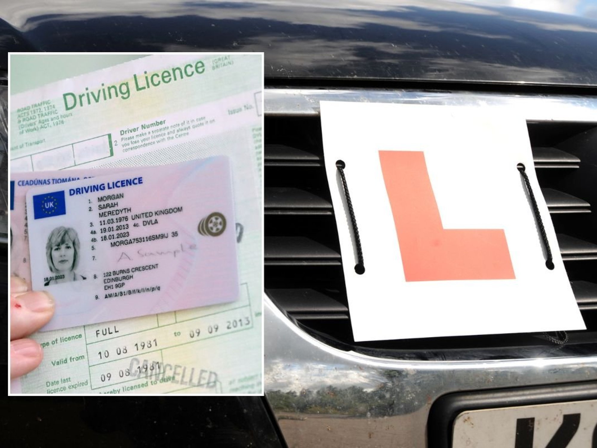 Driving licence and a car with an L plate