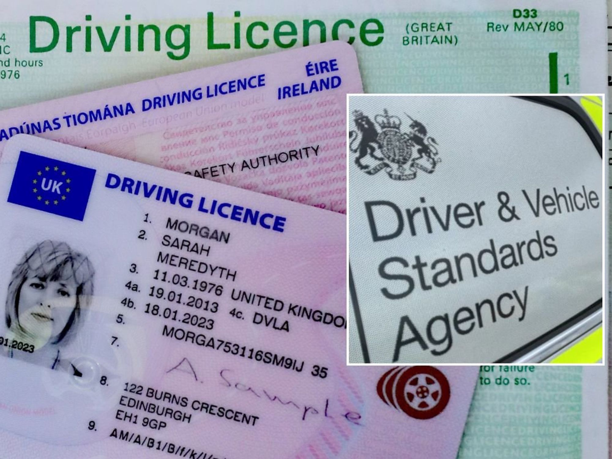 Driving licence and a DVSA sign