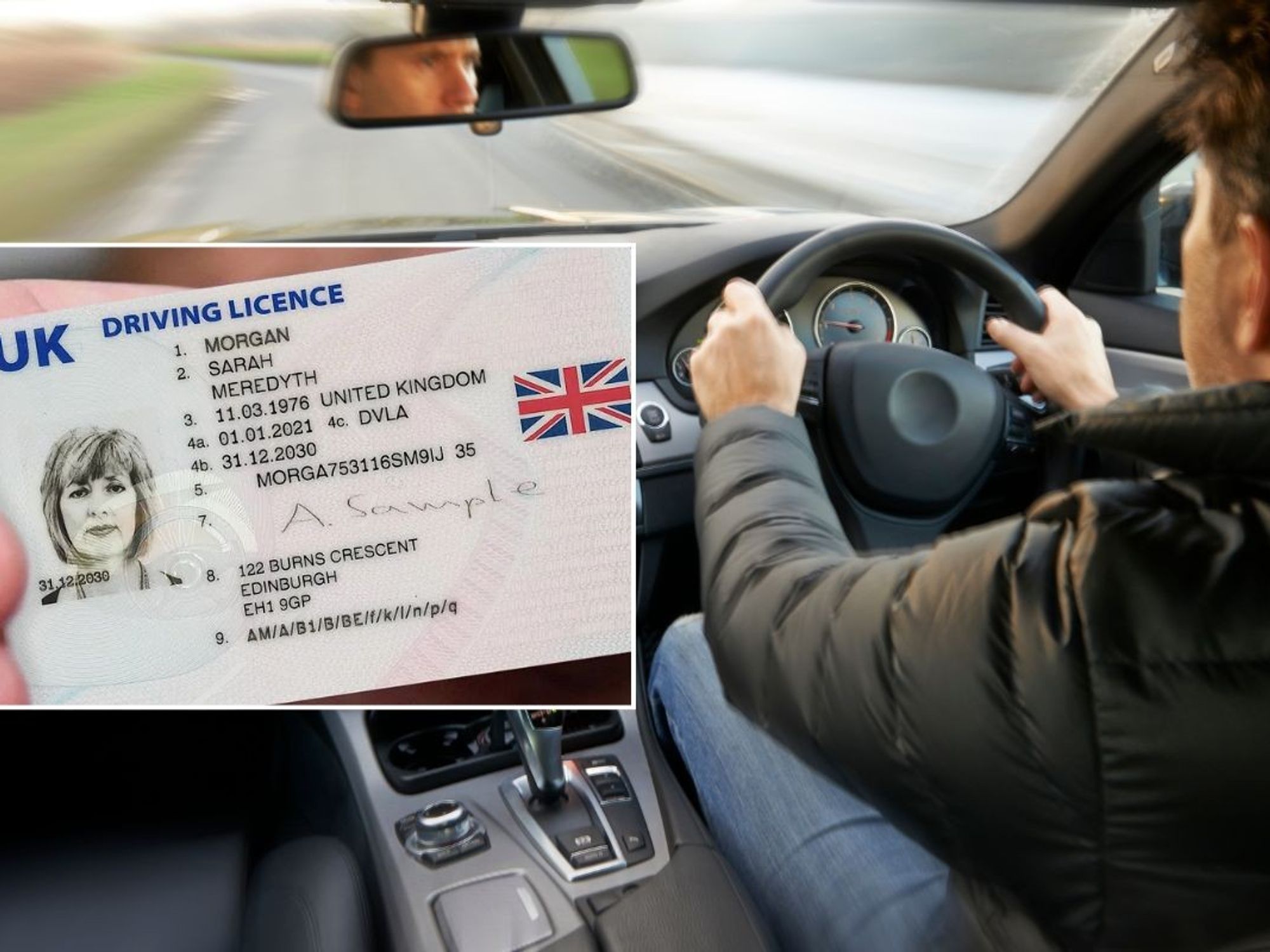 Driving licence and a man driving a car