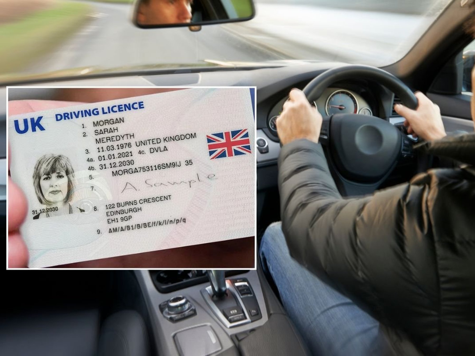 Driving licence and a man driving a car