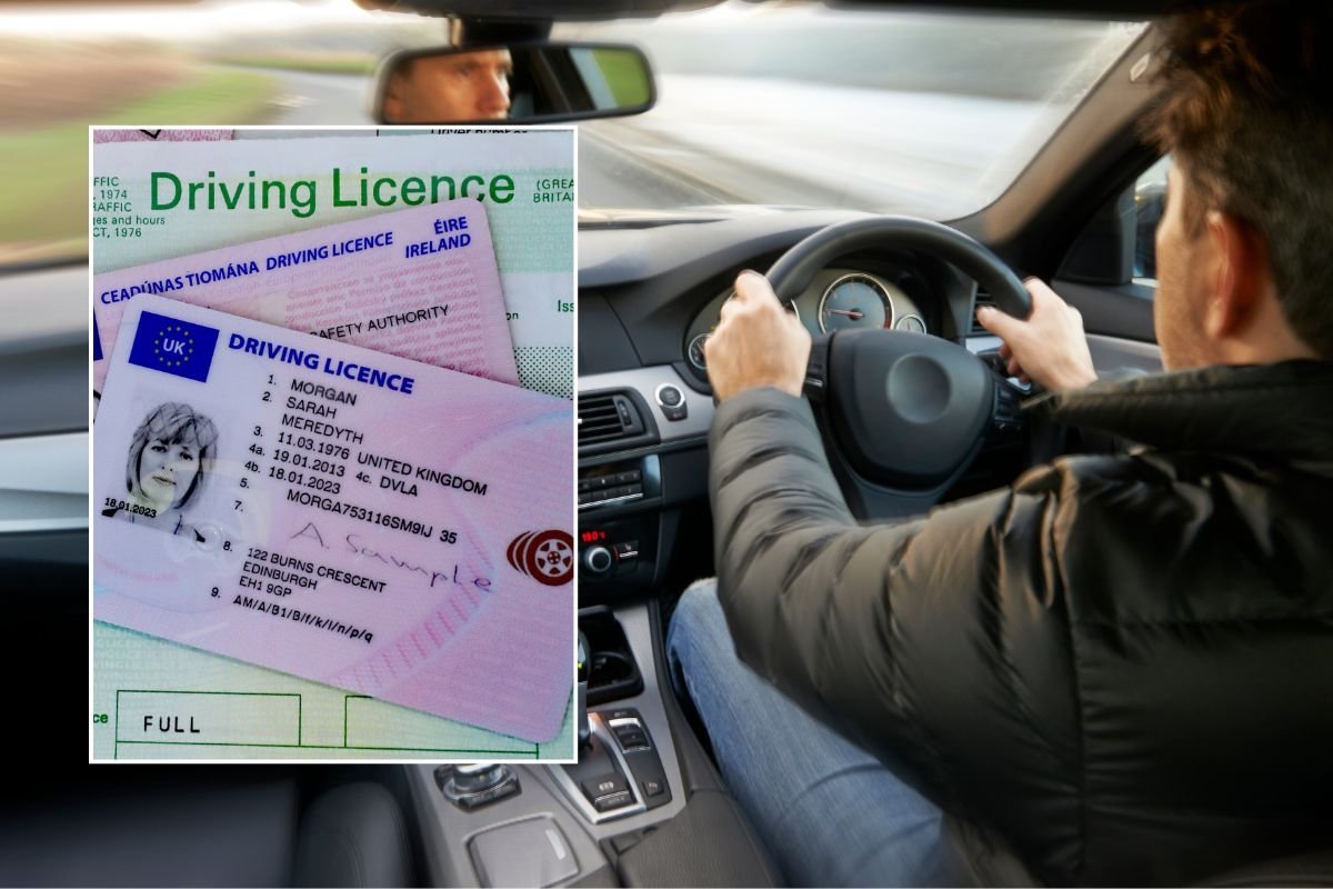 Driving licence and a man driving a car