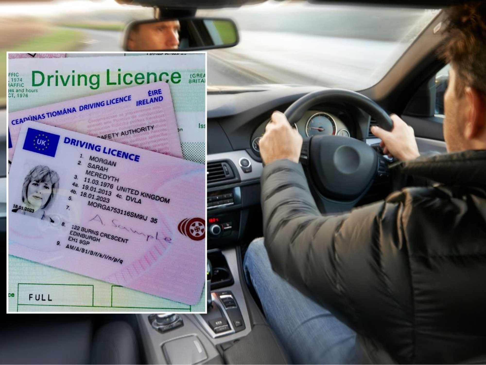 Driving licence and a man driving a car