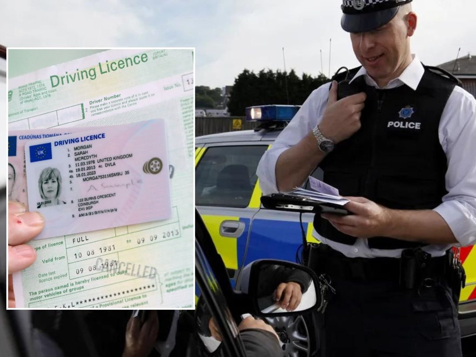 Driving licence and a police officer pulling a car over
