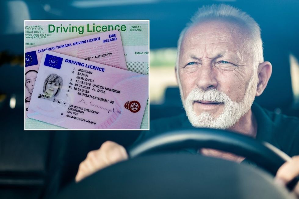 Driving licence and an elderly driver squinting