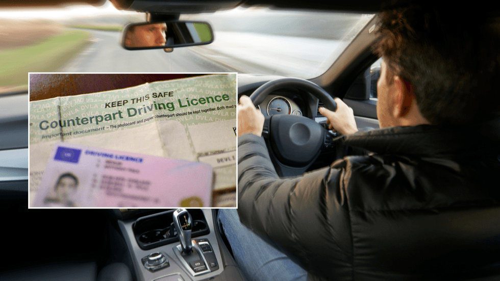 Driving licence and person driving a car on UK roads