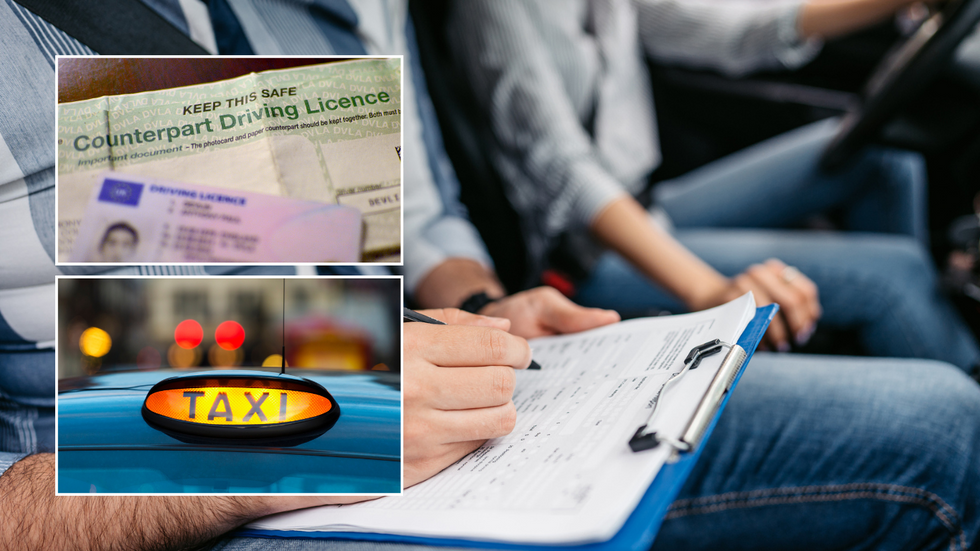 Driving licence and taxi on practical test backdrop