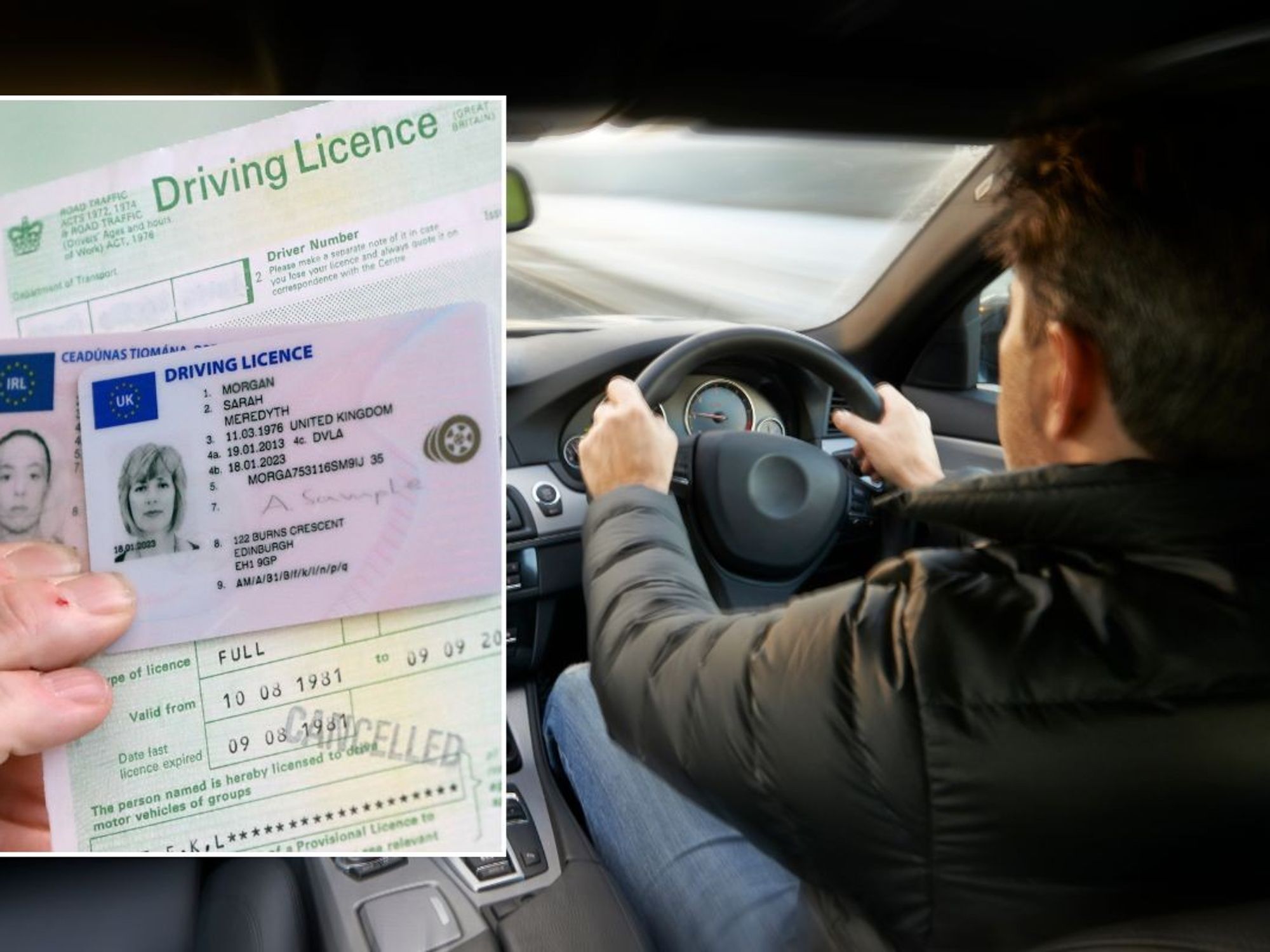 Driving licence application and a man driving a car