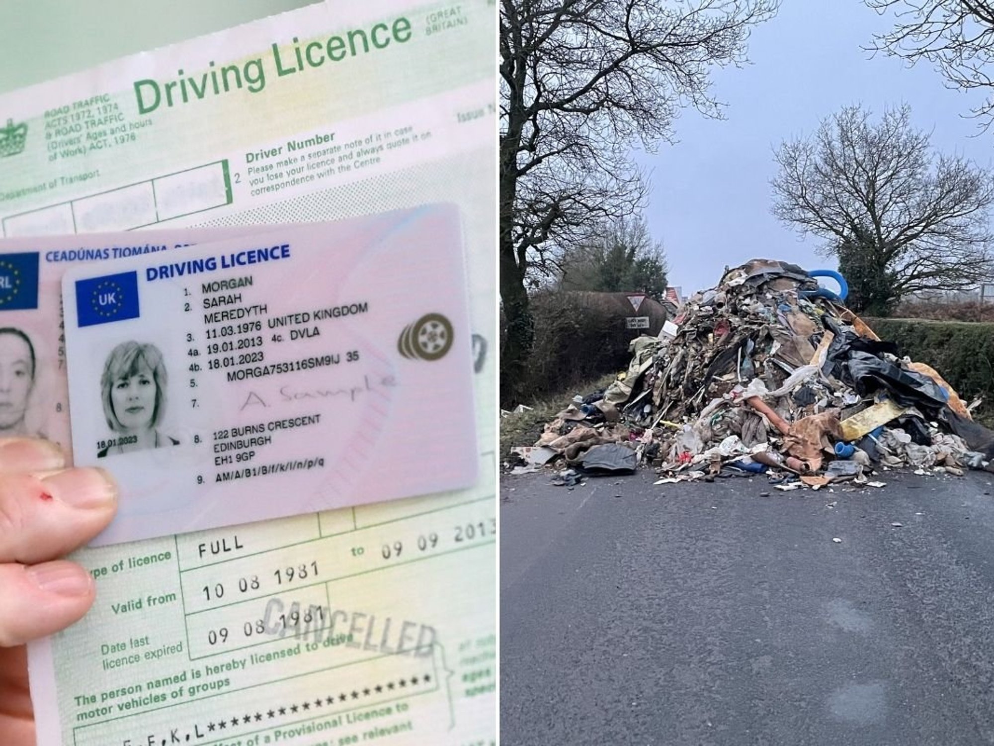 Driving licence application form and a fly-tipping incident