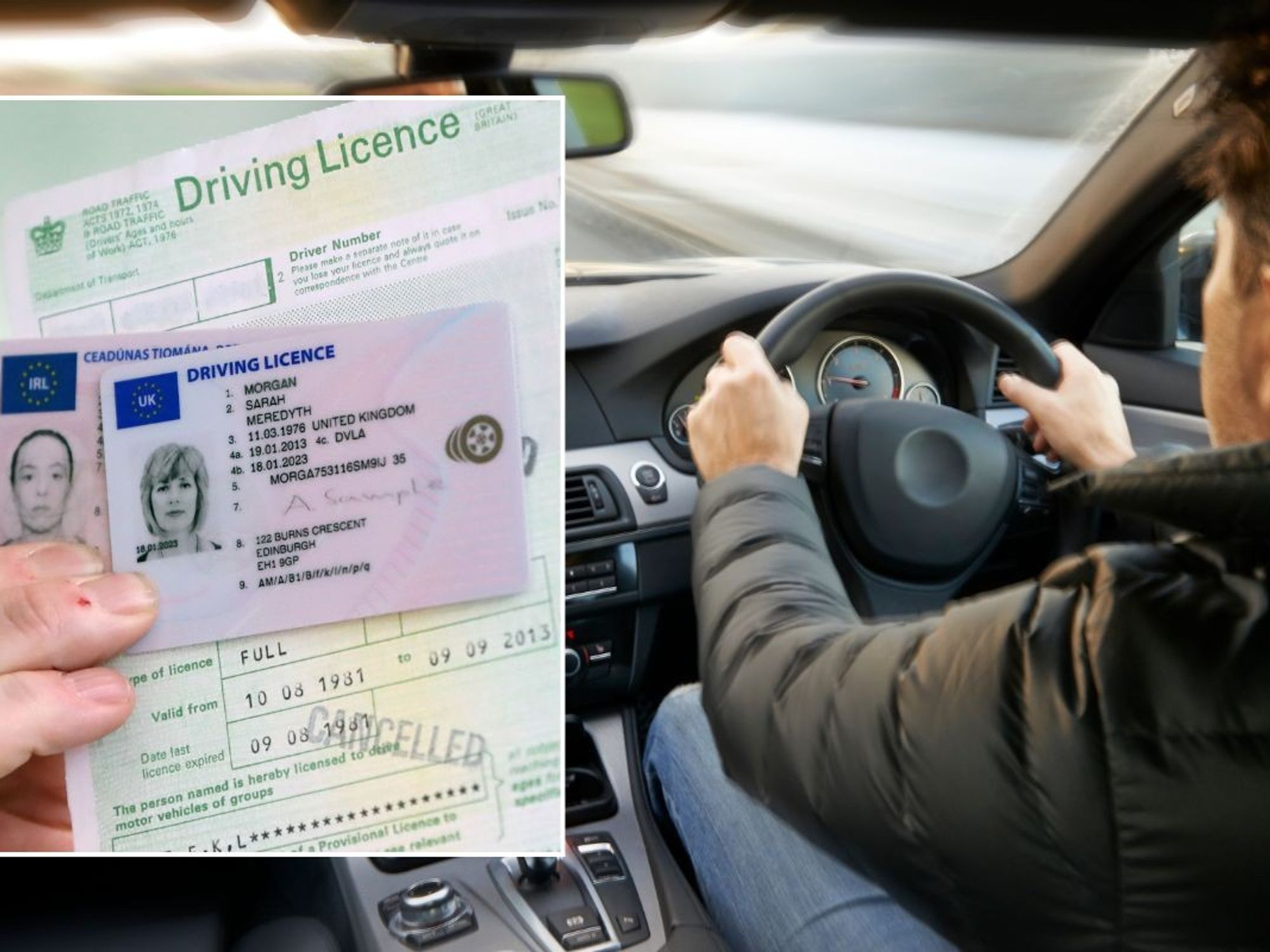 Driving licence application form and a man driving a car