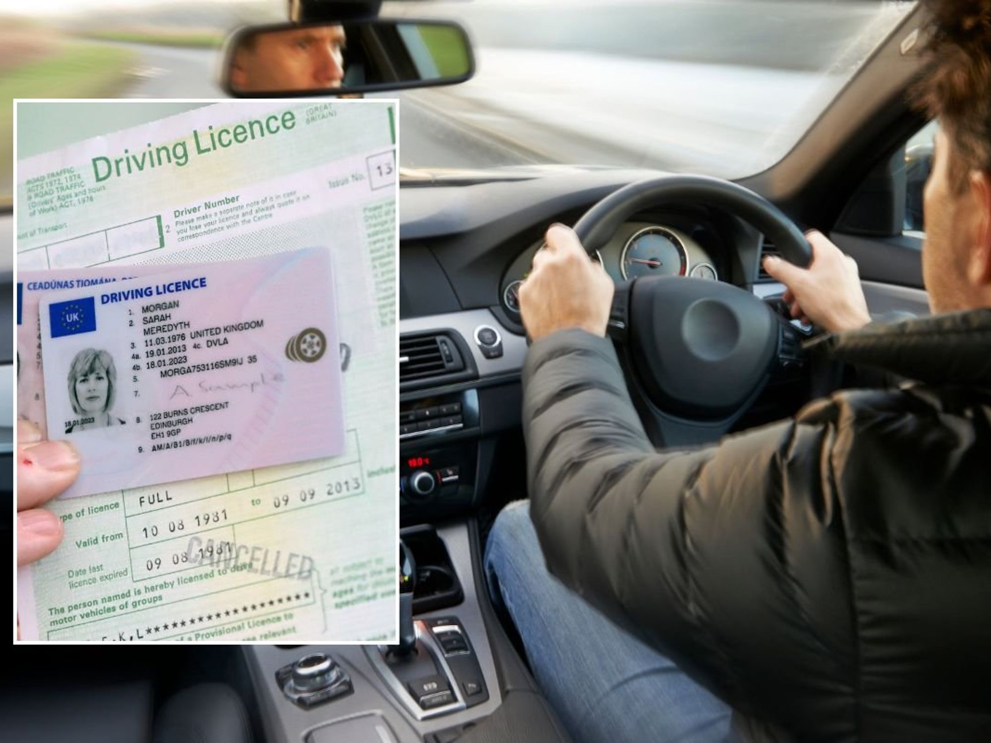 Driving licence application form and a man driving a car
