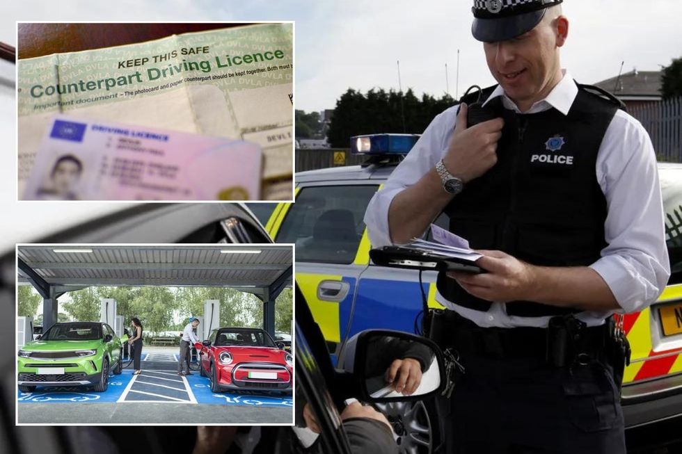 Driving licence, electric vehicles charging and a police officer pulling a car over