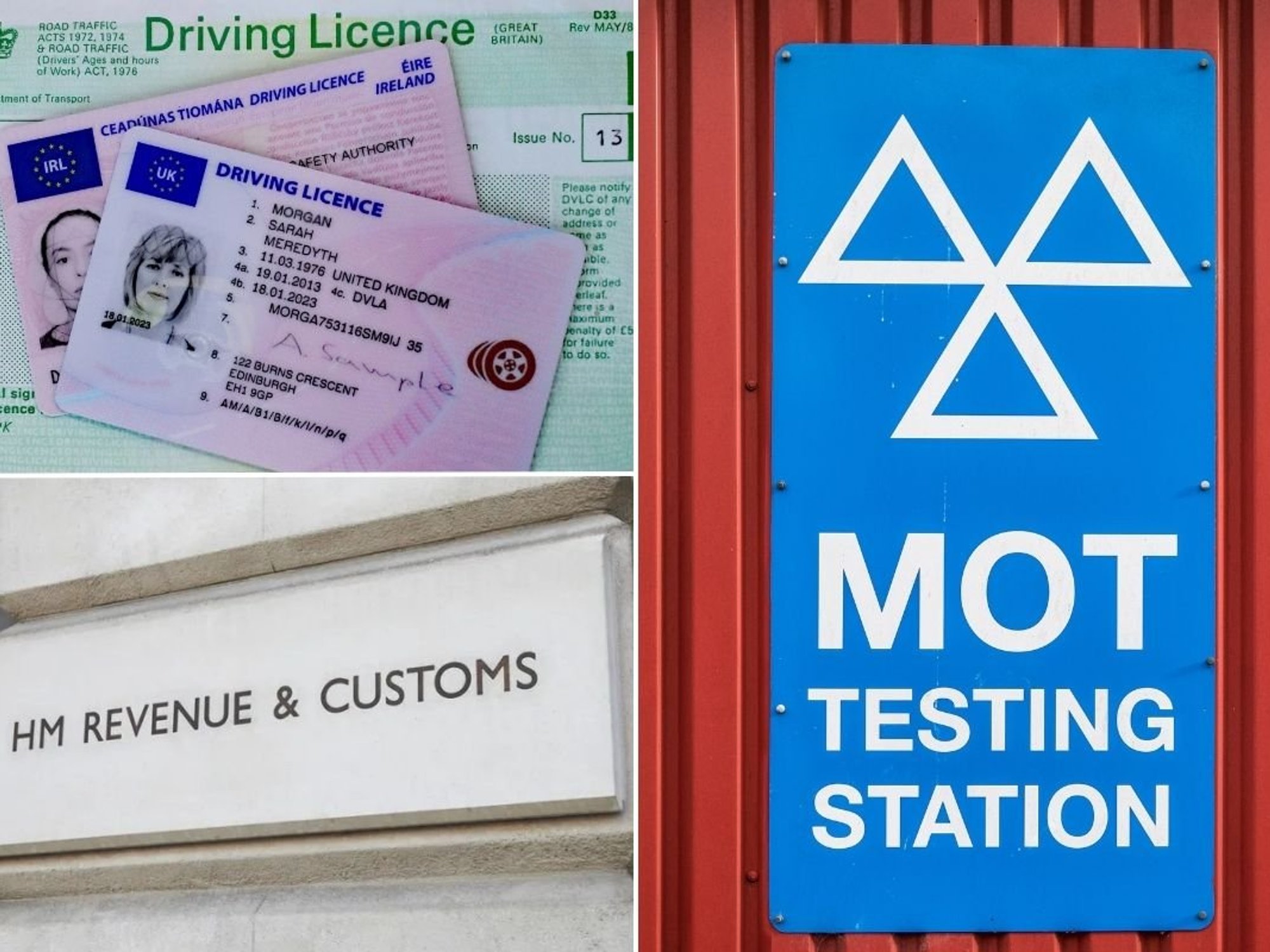 Driving licence, HMRC logo and an MOT test centre