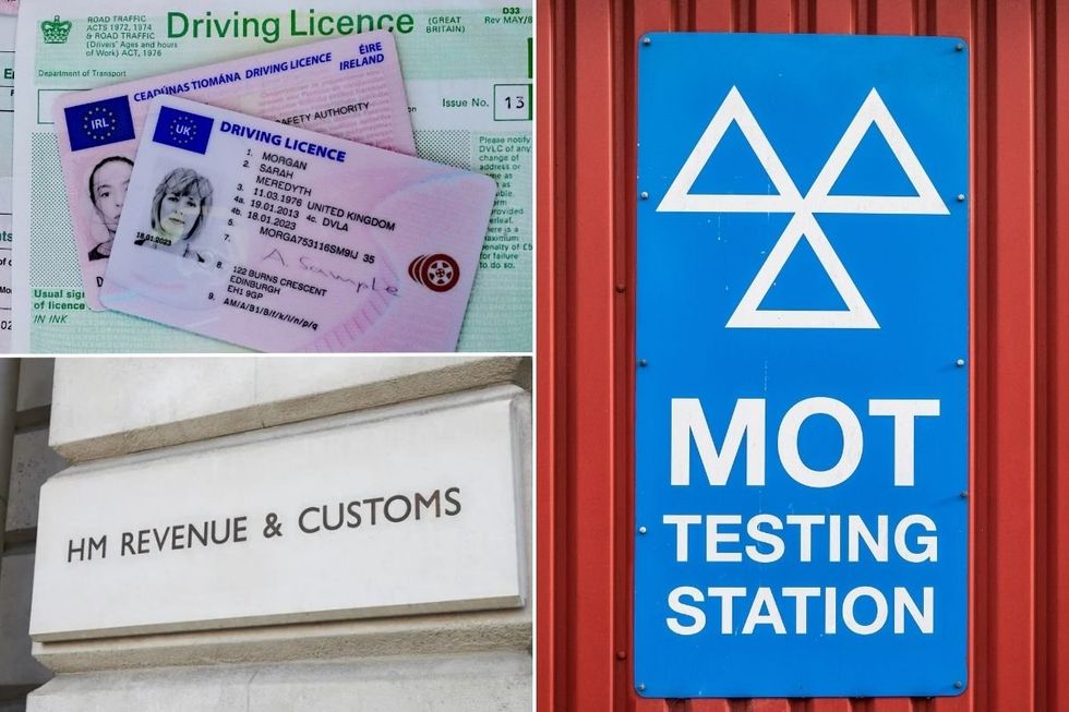 Driving licence, HMRC logo and an MOT test centre