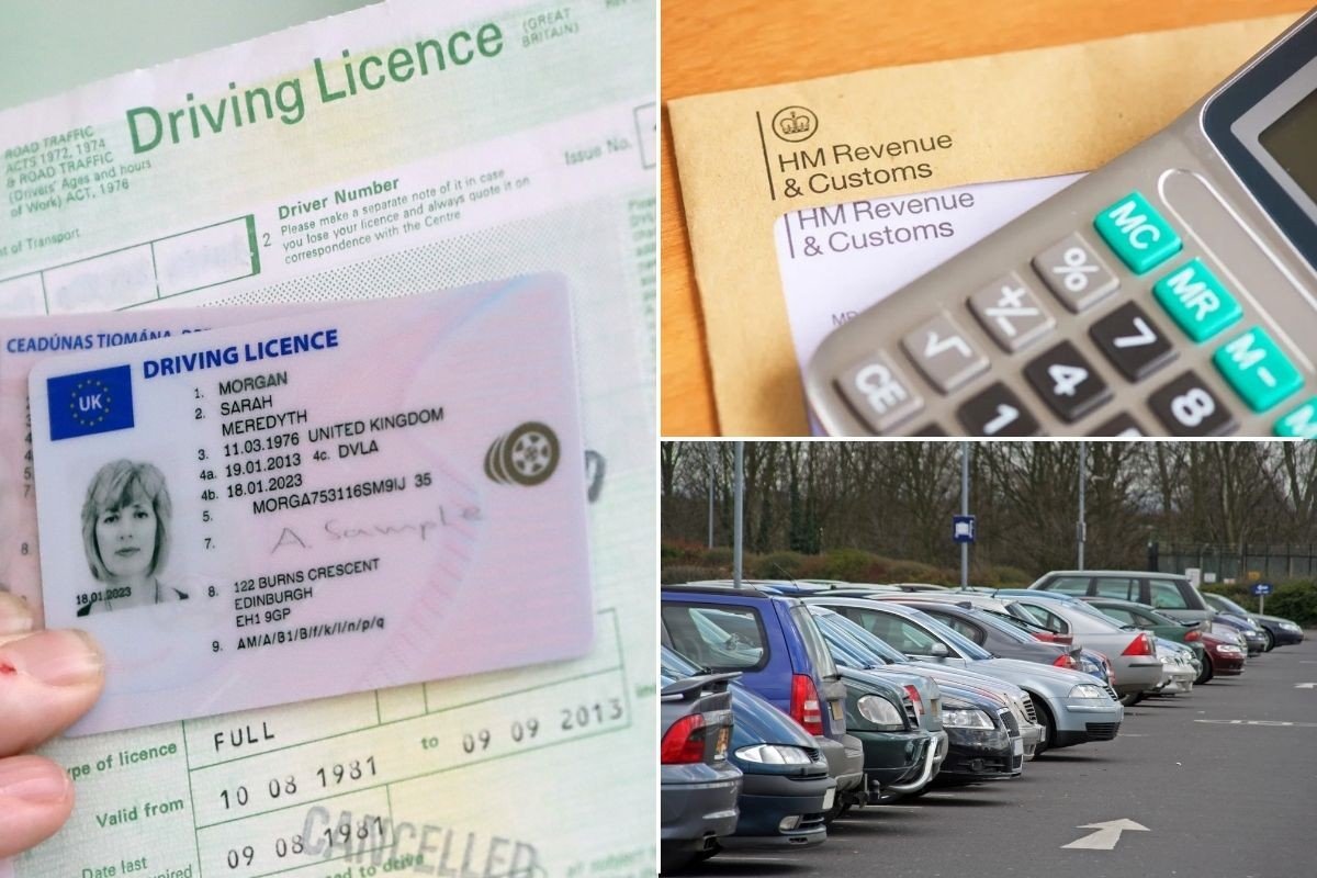 Driving licence, HMRC reminder letter and cars parked