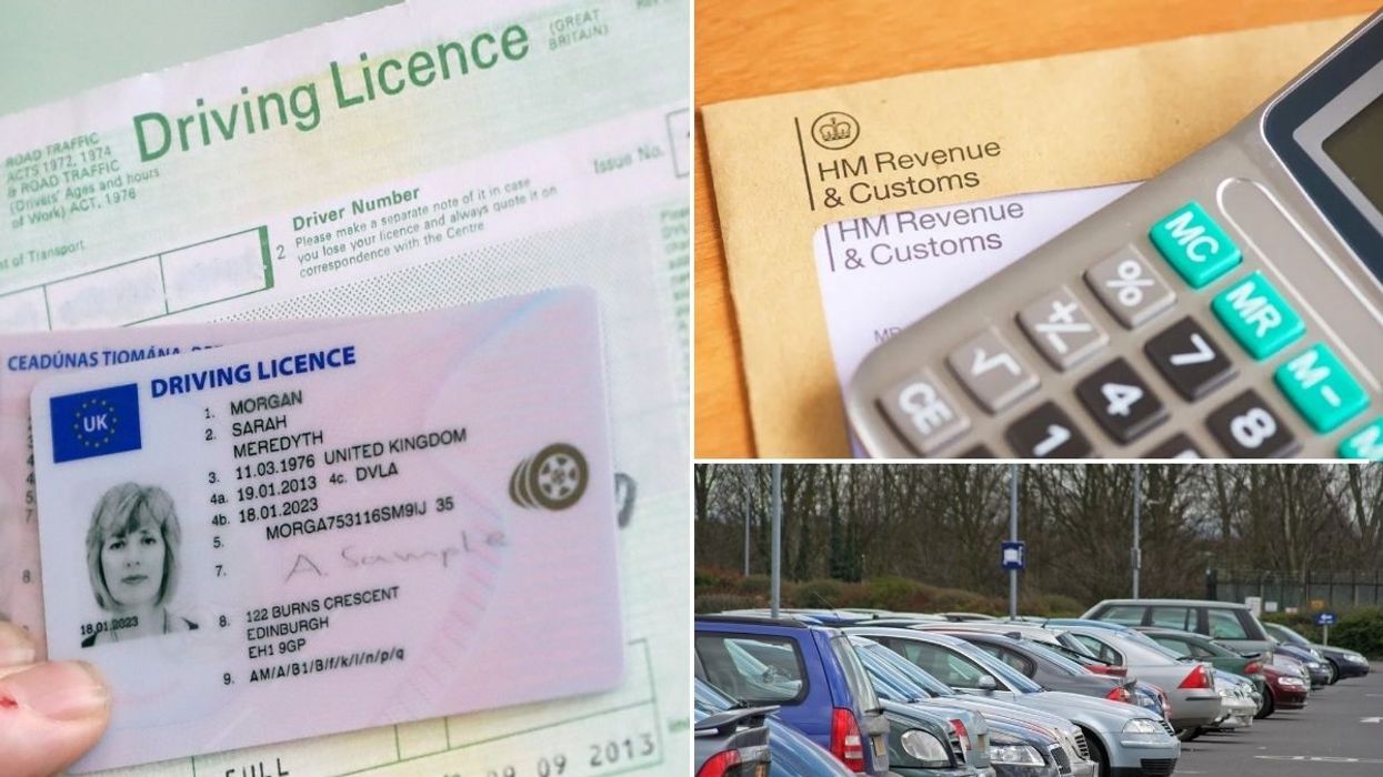 Driving licence, HMRC reminder letter and cars parked