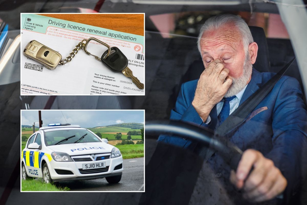 Driving licence, police car and an elderly driver