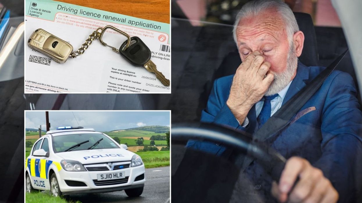 Driving licence, police car and an elderly driver