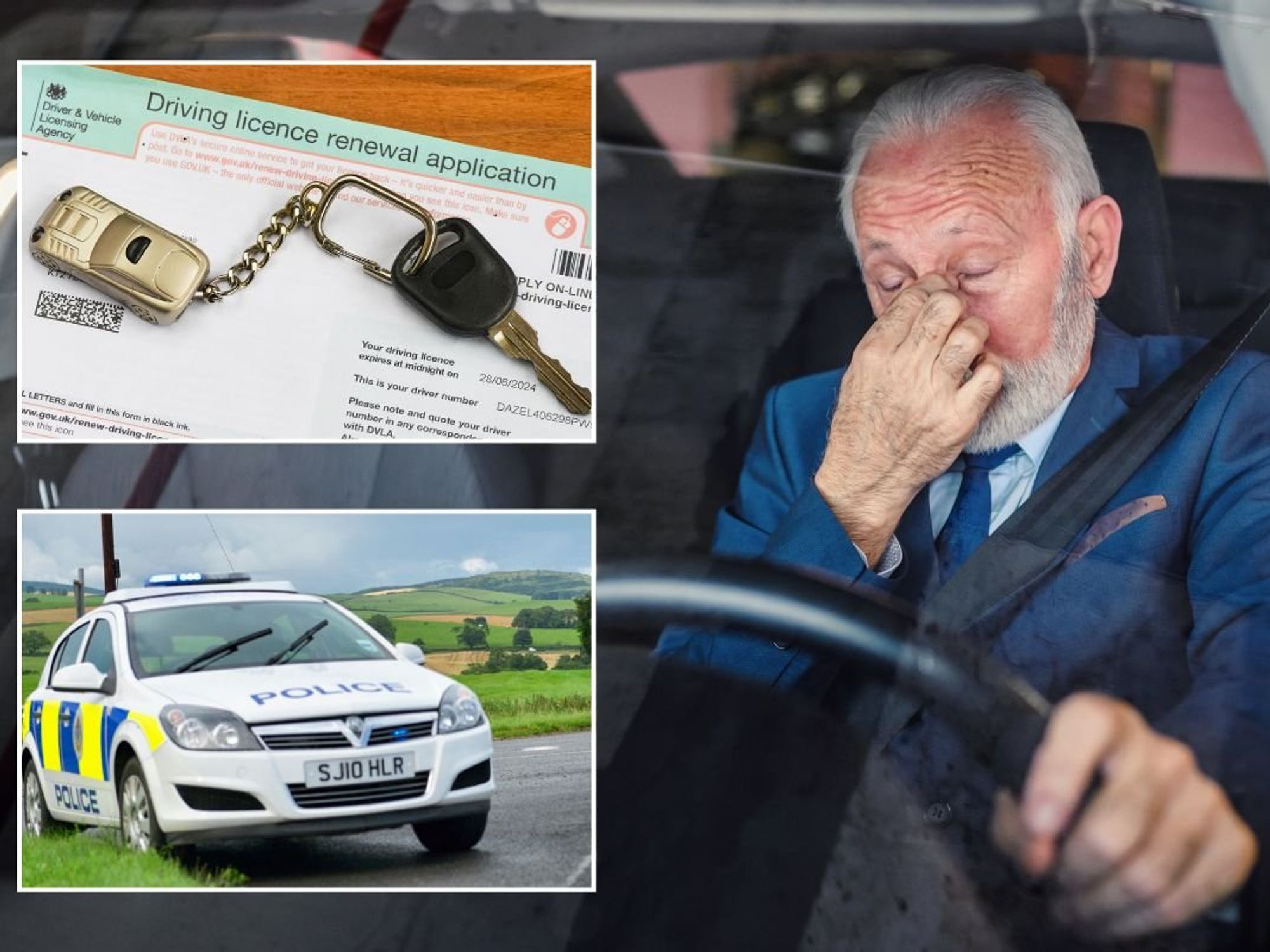 Driving licence, police car and an elderly driver