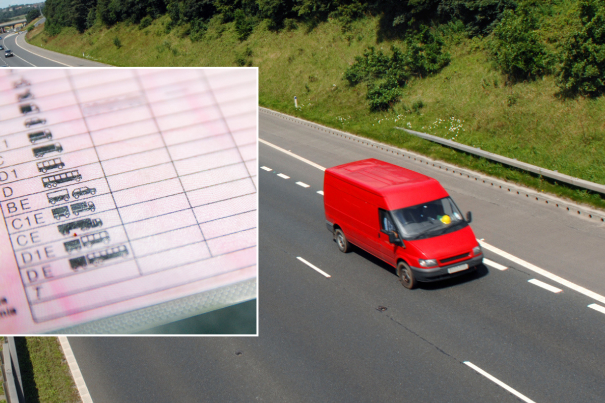 Driving licene and van on UK road