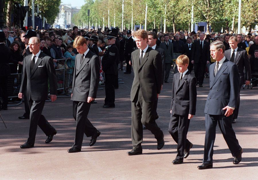 Duke of Edinburgh, Prince William, Earl Spencer, Prince Harry and the Prince of Wales, turning on to the Horse Guards Parade as they follow behind the coffin of Diana