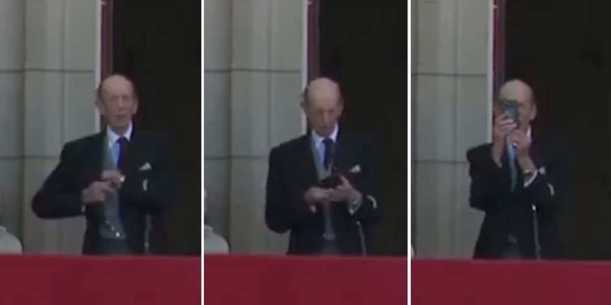 Duke of Kent, 90, uses phone while on Buckingham Palace balcony to record RAF flypast