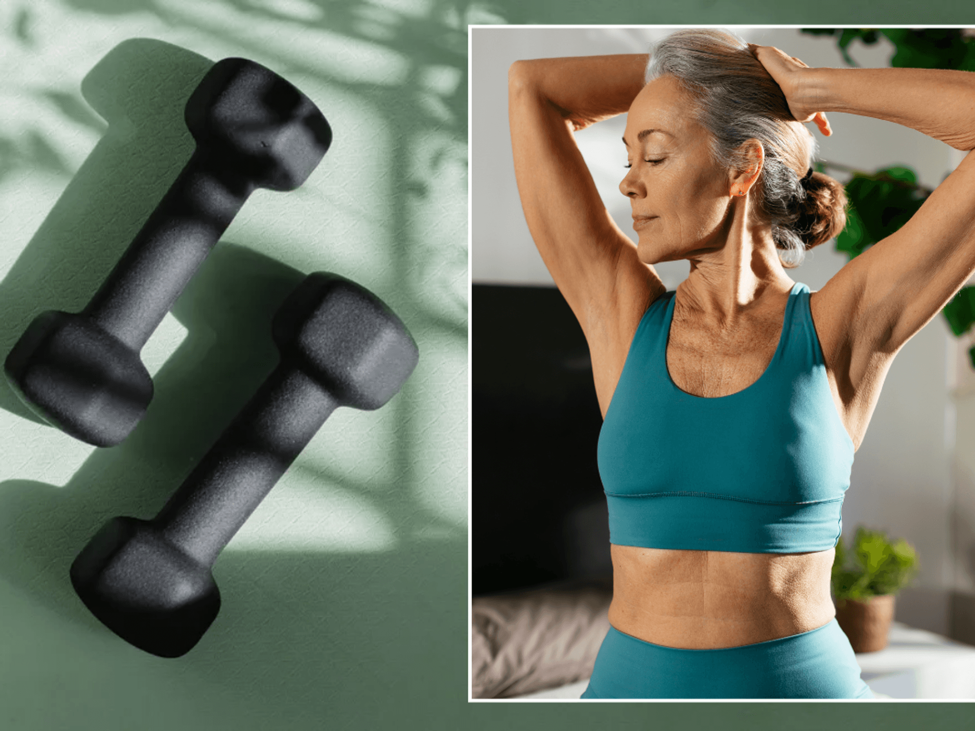 Dumbbells on yoga mat / woman in gym kit stretching