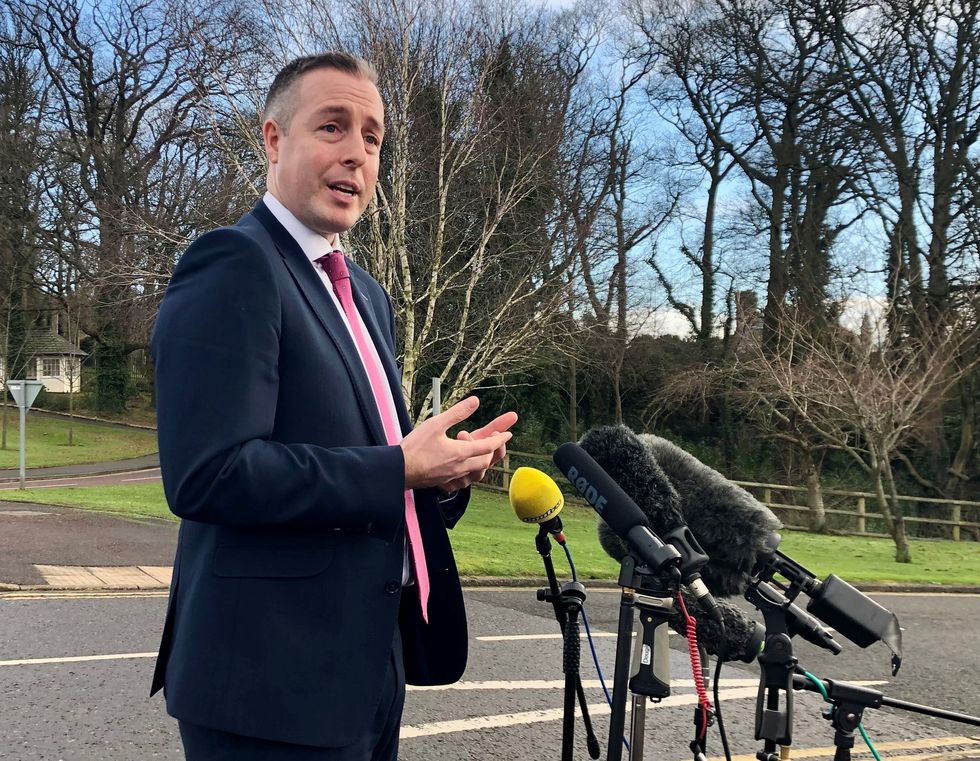 DUP First Minister Paul Givan talks to the media at Stormont in Belfast after meeting with Foreign Secretary Liz Truss for talks on the Northern Ireland Protocol. Picture date: Thursday January 27, 2022.