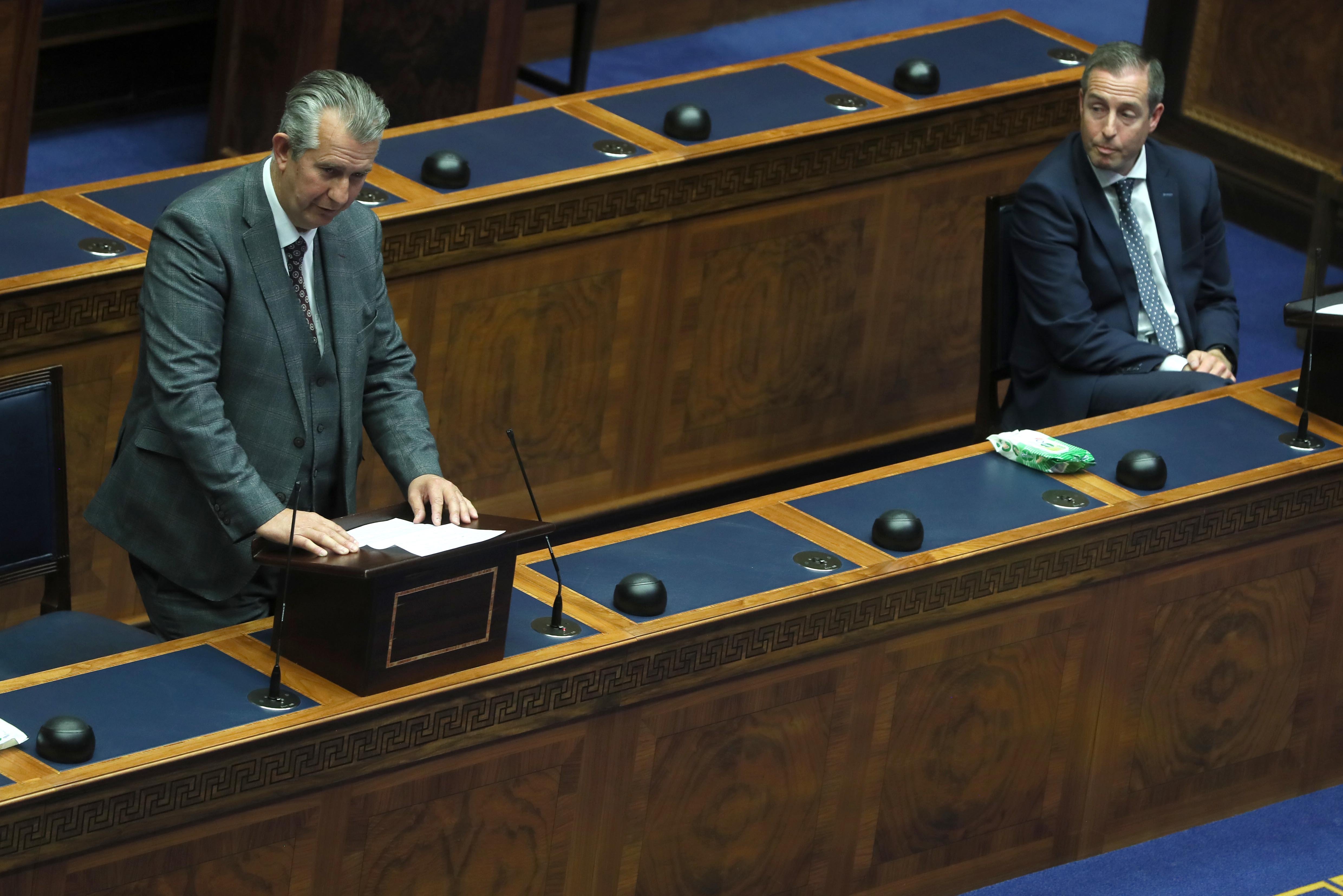 DUP leader Edwin Poots making his nomination and Lagan Valley MLA Paul Givan at a special sitting of the Stormont Assembly in Parliament Buildings in Belfast.