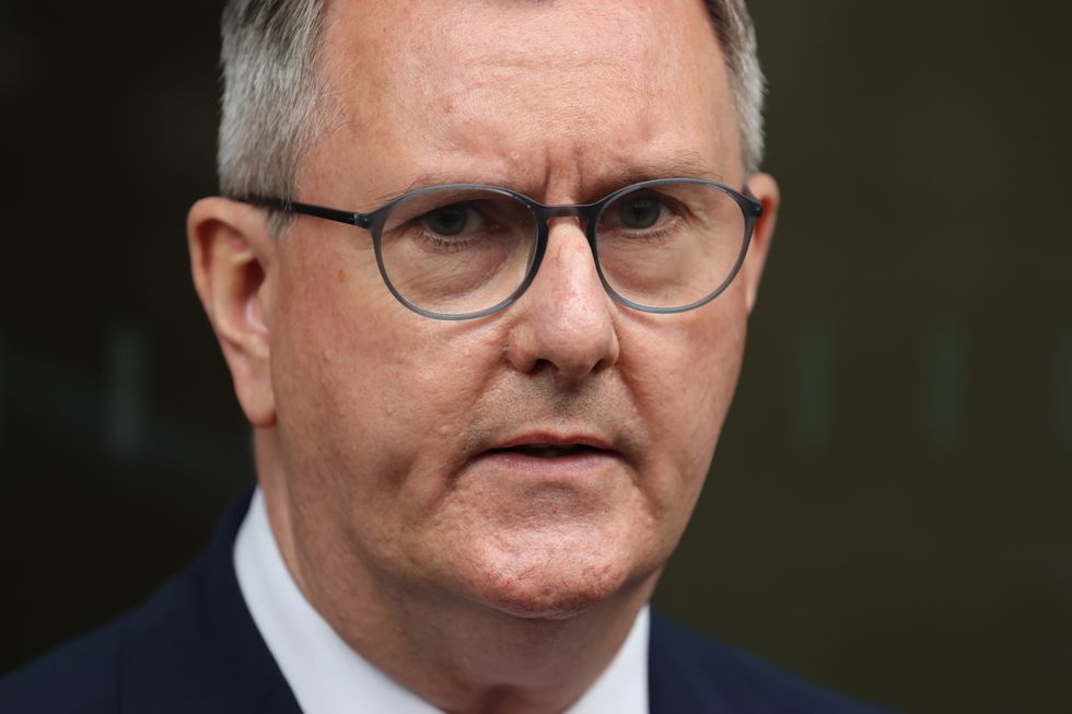 DUP leader Sir Jeffrey Donaldson at Erskine House, Belfast, after his meeting with Northern Ireland Secretary Brandon Lewis, following the historic result at the weekend with Sinn Fein overtaking the DUP to become the first nationalist or republican party to emerge top at Stormont. Picture date: Monday May 9, 2022.