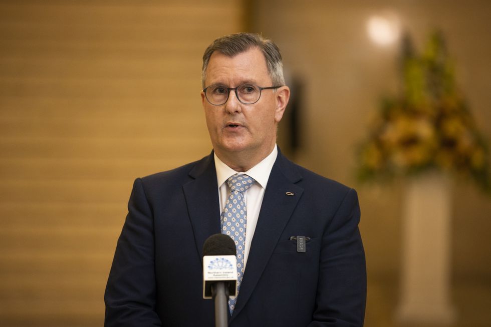 DUP leader Sir Jeffrey Donaldson speaks to the media in the Great Hall at Parliament Buildings, Stormont, Belfast as the Bill to amend the Northern Ireland Protocol is introduced in Parliament amid controversy over whether the legislation will break international law.